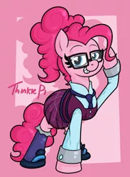 Size: 1564x2136 | Tagged: safe, artist:moonatik, derpibooru import, pinkie pie, pony, abstract background, adjusting glasses, adorkable, alternate costumes, alternate hairstyle, clothes, crystal prep academy uniform, cuffs (clothes), cute, dork, glasses, looking at you, necktie, nerdy, pleated skirt, ponytail, pun, school uniform, shirt, shoes, skirt, socks, solo, stockings, thigh highs