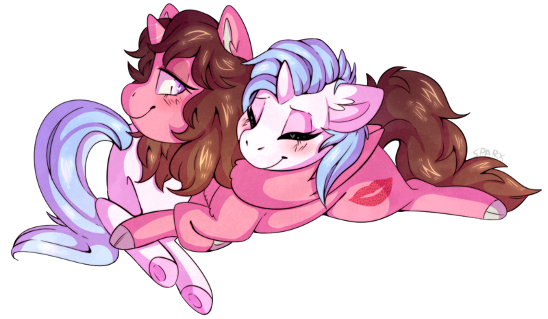 Size: 1266x736 | Tagged: safe, artist:cinnamonsparx, derpibooru import, oc, oc:sprinkle kiss, oc:sugar rose, unofficial characters only, pony, unicorn, cuddling, female, mare, prone, simple background, transparent background