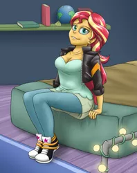 Size: 1587x2000 | Tagged: safe, artist:ashley_urikoshima, derpibooru import, sunset shimmer, human, equestria girls, bed, clothes, converse, female, shoes, smiling, sneakers, solo, string lights, sunset's apartment