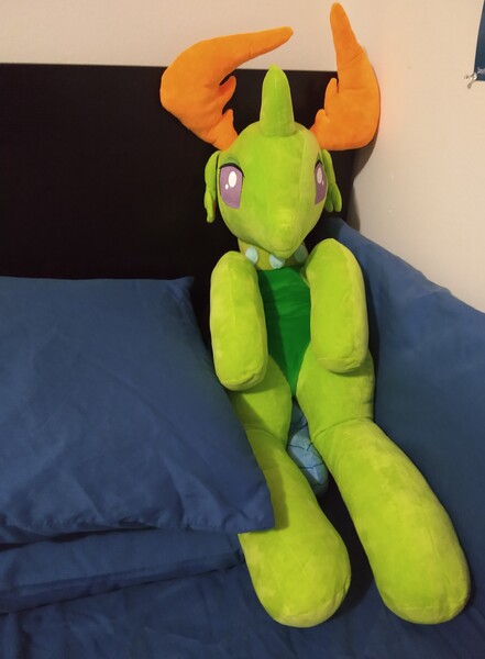 Size: 2838x3858 | Tagged: artist:klplushies, bed, bed bug, changedling, changeling, cute, derpibooru import, irl, king thorax, photo, plushie, safe, sitting, thorabetes, thorax