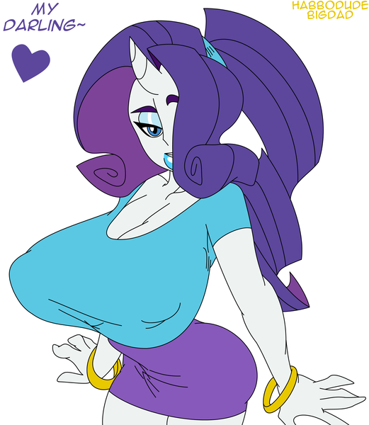 Size: 1684x1940 | Tagged: artist:bigdad, artist:habbodude, big breasts, big lips, blue eyeshadow, blue lipstick, breasts, busty rarity, cleavage, clothes, colored, derpibooru import, edit, erect nipples, eyeshadow, female, happy, heart, horn, horned humanization, huge breasts, human, humanized, lips, lipstick, looking at you, makeup, nipple outline, rarity, sexy, simple background, smiling, solo, solo female, standing, stupid sexy rarity, suggestive, text, white background, wristband