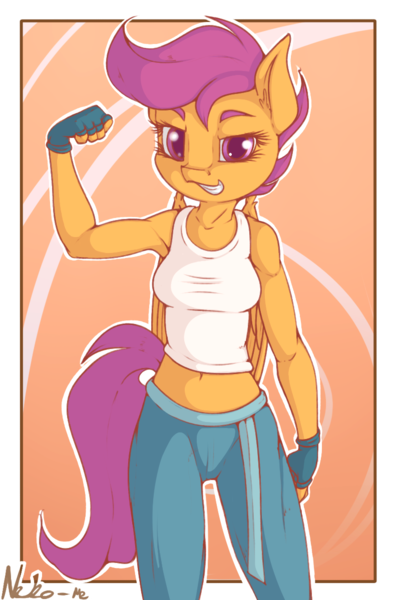 Size: 789x1200 | Tagged: anthro, apple bloomers, armpits, artist:neko-me, belly button, breasts, busty scootaloo, clothes, derpibooru import, female, fingerless gloves, flexing, gloves, looking at you, midriff, older, pants, safe, scootaloo, smiling, smirk, solo, tanktop