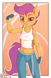 Size: 789x1200 | Tagged: anthro, apple bloomers, armpits, artist:neko-me, belly button, breasts, busty scootaloo, clothes, derpibooru import, female, fingerless gloves, flexing, gloves, looking at you, midriff, older, pants, safe, scootaloo, smiling, smirk, solo, tanktop