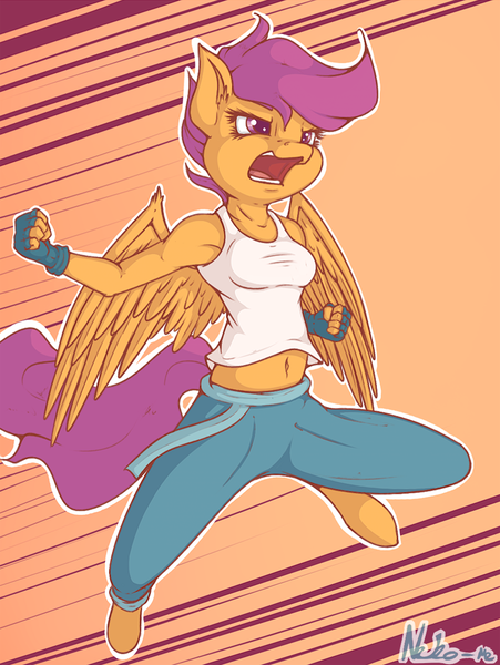 Size: 940x1250 | Tagged: action pose, anthro, apple bloomers, armpits, artist:neko-me, belly button, breasts, busty scootaloo, clothes, derpibooru import, female, fingerless gloves, gloves, martial arts, midriff, older, open mouth, pants, safe, scootaloo, solo, tanktop, unguligrade anthro
