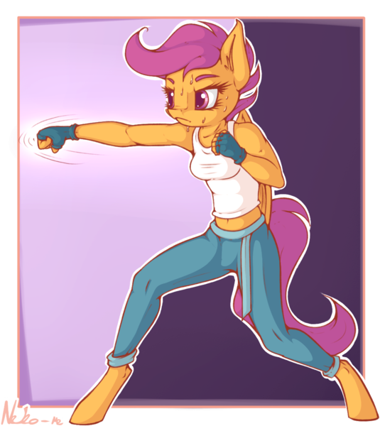 Size: 1083x1200 | Tagged: anthro, apple bloomers, artist:neko-me, belly button, breasts, busty scootaloo, clothes, derpibooru import, female, fingerless gloves, gloves, martial arts, midriff, older, pants, punch, safe, scootaloo, solo, sweat, tanktop, unguligrade anthro