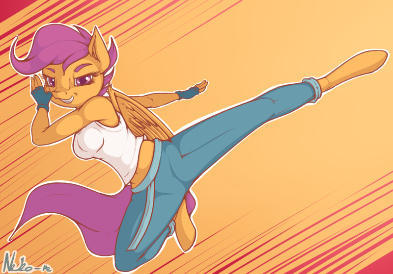 Size: 1200x839 | Tagged: action pose, anthro, apple bloomers, artist:neko-me, breasts, busty scootaloo, clothes, derpibooru import, female, fingerless gloves, gloves, jump kick, kick, looking at you, martial arts, midriff, older, pants, pose, safe, scootaloo, solo, tanktop, unguligrade anthro