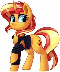 Size: 1338x1606 | Tagged: safe, artist:thegamblehorse, deleted from derpibooru, derpibooru import, sunset shimmer, pony, unicorn, clothes, cute, equestria girls outfit, female, jacket, leather jacket, mare, ponified humanized pony, shimmerbetes, simple background, solo, white background