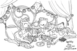 Size: 1280x853 | Tagged: safe, artist:spectralunicorn, derpibooru import, rainbow dash, rarity, twilight sparkle, twilight sparkle (alicorn), alicorn, classical unicorn, pegasus, pony, unicorn, black and white, book, carrot, cloven hooves, eating, female, food, grayscale, leonine tail, lineart, mare, monochrome, reading, trio, unshorn fetlocks