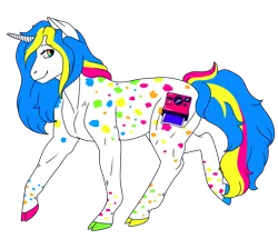 Size: 930x800 | Tagged: safe, artist:guidomista, artist:miiistaaa, artist:nijimillions, derpibooru import, oc, pony, unicorn, adoptable, camera, cloven hooves, design, female, hooves, horn, long horn, mare, markings, multicolored, multicolored hair, multicolored mane, multicolored tail, neon, photo, photographer, picture, polaroid, polka dots, rainbow, smiling, sold, splotches, spots, spotted, trotting, walking