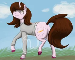 Size: 2500x2000 | Tagged: safe, artist:azurllinate, derpibooru import, oc, oc:summer cascades, unofficial characters only, pony, unicorn, brown mane, clothes, cloven hooves, female, full body, gift art, glasses, grey sweater, long tail, looking at you, mare, orange eyes, ponysona, smiling, solo, sweater, trotting