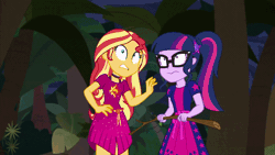 Size: 800x450 | Tagged: safe, derpibooru import, screencap, sci-twi, sunset shimmer, twilight sparkle, equestria girls, equestria girls series, spring breakdown, spoiler:eqg series (season 2), animated, clothes, geode of empathy, geode of telekinesis, gif, i've seen enough hentai to know where this is going, legs shaking, magical geodes, plant, sandals, sticks, tentacles, vine