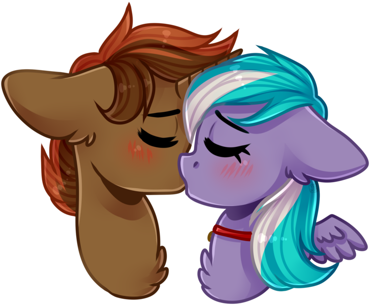 Size: 1888x1556 | Tagged: safe, artist:grapegrass, derpibooru import, oc, oc:numbers, oc:shadowheart, pegasus, pony, unicorn, blushing, bust, chest fluff, collar, commission, eyes closed, kissing, shading, shipping, simple background, transparent background