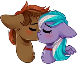 Size: 1888x1556 | Tagged: safe, artist:grapegrass, derpibooru import, oc, oc:numbers, oc:shadowheart, pegasus, pony, unicorn, blushing, bust, chest fluff, collar, commission, eyes closed, kissing, shading, shipping, simple background, transparent background