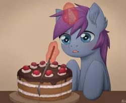 Size: 3900x3200 | Tagged: source needed, useless source url, safe, artist:richie, derpibooru import, oc, oc:mobian, unofficial characters only, pony, unicorn, :p, blushing, cake, commission, cute, ear fluff, food, high res, knife, magic, portal (valve), silly, simple background, solo, table, telekinesis, the cake is a lie, tongue out, ych result