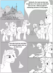 Size: 5401x7513 | Tagged: safe, artist:cactuscowboydan, author:bigonionbean, derpibooru import, caboose, full steam, promontory, silver lining, silver zoom, sunburst, oc, oc:king calm merriment, oc:king speedy hooves, oc:tommy the human, alicorn, earth pony, human, pegasus, pony, unicorn, comic:fusing the fusions, comic:the bastion of canterlot, alicorn oc, book, canterlot, canterlot castle, cape, clothes, comic, commissioner:bigonionbean, conductor hat, dialogue, father and child, father and son, fusion, fusion:king calm merriment, fusion:king speedy hooves, glasses, goggles, gymnasium, hat, horn, human oc, magic, male, potion, sketch, stallion, uncle and nephew, uniform, wings, wonderbolts uniform