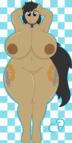 Size: 2023x4000 | Tagged: questionable, artist:cogsfixmore, derpibooru import, oc, oc:cogs fixmore, unofficial characters only, anthro, earth pony, unguligrade anthro, anthro oc, areola, arm behind head, armpits, big areola, big breasts, blushing, both cutie marks, breasts, chubby, fat, female, huge areola, huge breasts, impossibly large breasts, jewelry, necklace, nipples, nudity, plump, rule 63, solo, solo female, thick, thighs, thunder thighs, wide hips