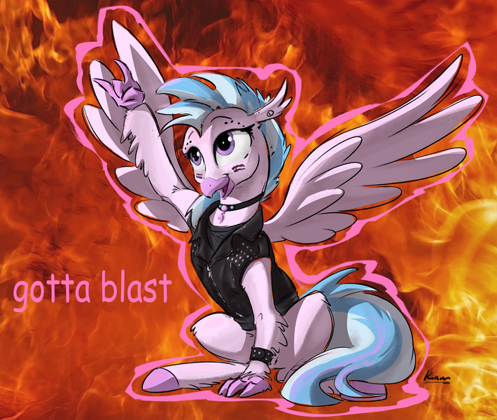 Size: 1807x1528 | Tagged: artist:kam, choker, classical hippogriff, claws, clothes, comic sans, derpibooru import, dialogue, female, fire, hippogriff, punk, quadrupedal, safe, silverstream, text, wings