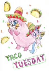 Size: 2396x3448 | Tagged: artist:roshichen, cat, catified, crossover, derpibooru import, food, lego, maracas, musical instrument, oc, oc:fluffle puff, safe, sombrero, species swap, taco, the lego movie, traditional art, unikitty