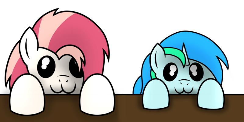 Size: 2000x1000 | Tagged: safe, artist:toyminator900, derpibooru import, oc, oc:aureai, oc:cyan lightning, unofficial characters only, pegasus, pony, unicorn, :3, colt, female, looking at you, male, mare, simple background, table, transparent background