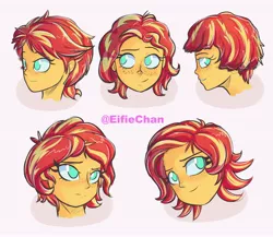 Size: 3000x2600 | Tagged: safe, artist:katakiuchi4u, derpibooru import, sunset shimmer, equestria girls, alternate hairstyle, blushing, female, freckles, hairstyle, head, looking at you, pink background, short hair, simple background, smiling, solo, watermark