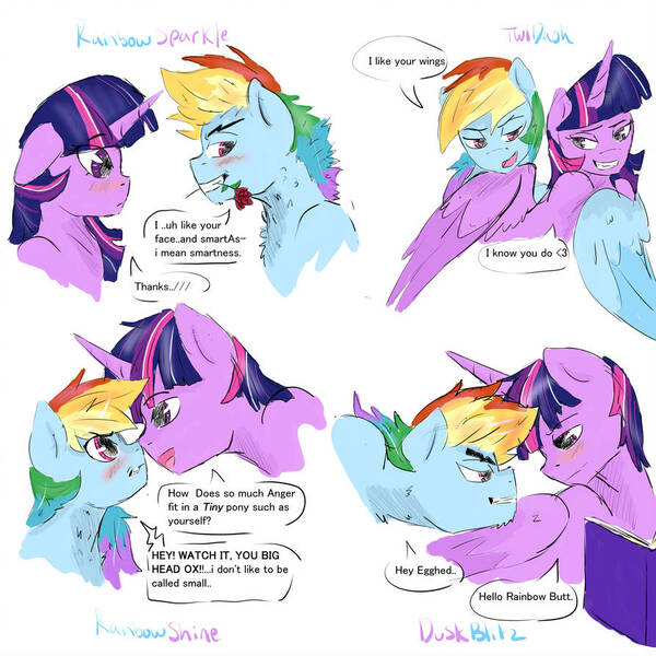Size: 894x894 | Tagged: safe, artist:captainloafnugget, derpibooru import, rainbow dash, twilight sparkle, twilight sparkle (alicorn), alicorn, pegasus, pony, angry, blushing, book, dialogue, dusk shine, duskblitz, duskdash, female, flower, flower in mouth, gay, half r63 shipping, lesbian, looking at each other, male, mare, mouth hold, rainbow blitz, rose, rose in mouth, rule 63, shipping, simple background, smiling, stallion, straight, twiblitz, twidash, white background, wings