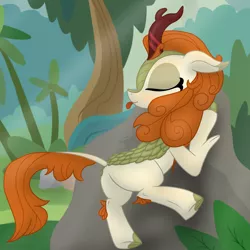 Size: 2500x2500 | Tagged: safe, artist:soctavia, derpibooru import, autumn blaze, kirin, sounds of silence, :p, awwtumn blaze, butt, cute, plot, rock, silly, solo, tongue out, tree