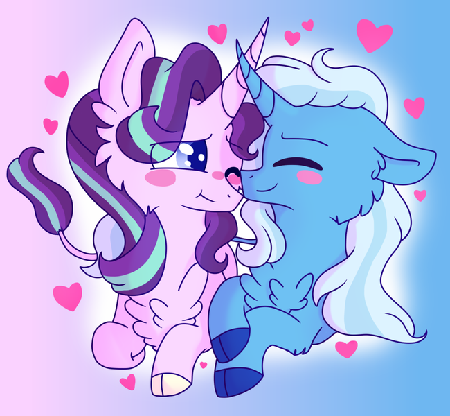 Size: 1280x1182 | Tagged: safe, artist:lolwise, derpibooru import, starlight glimmer, trixie, classical unicorn, pony, unicorn, :t, blushing, cloven hooves, curved horn, cute, eyes closed, female, fluffy, gradient background, heart, horn, horns are touching, leonine tail, lesbian, mare, one eye closed, shipping, smiling, startrix, unshorn fetlocks