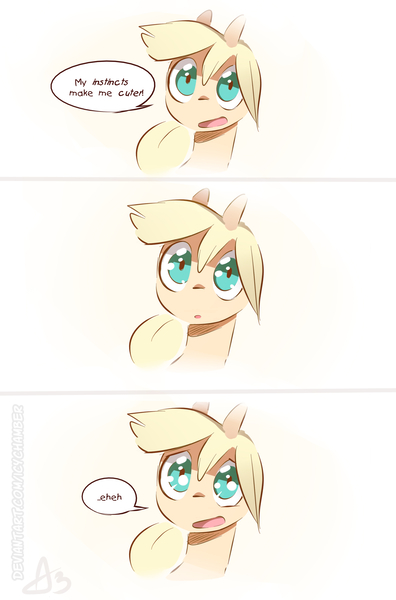 Size: 1860x2815 | Tagged: safe, artist:icychamber, derpibooru import, applejack, earth pony, pony, 3 panel comic, :o, bust, cute, female, hnnng, jackabetes, laughing, lidded eyes, looking at you, mare, open mouth, simple background, smiling, solo, speech bubble, talking to viewer, white background