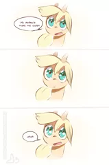 Size: 1860x2815 | Tagged: safe, artist:icychamber, derpibooru import, applejack, earth pony, pony, 3 panel comic, :o, bust, cute, female, hnnng, jackabetes, laughing, lidded eyes, looking at you, mare, open mouth, simple background, smiling, solo, speech bubble, talking to viewer, white background