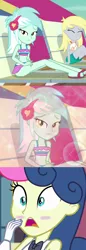 Size: 782x2268 | Tagged: safe, derpibooru import, edit, edited screencap, editor:secrettitan, screencap, bon bon, derpy hooves, lyra heartstrings, sweetie drops, all's fair in love and friendship games, equestria girls, equestria girls series, friendship games, spring breakdown, spoiler:eqg series (season 2), belly button, bikini, blushing, clothes, cropped, female, gasp, headphones, lesbian, looking at you, lyrabon, midriff, sandals, shipping, shoujo bubbles, sleeveless, solo, swimsuit