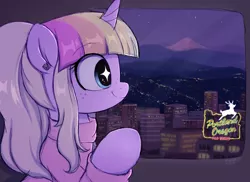 Size: 3918x2858 | Tagged: safe, artist:moozua, derpibooru import, oc, oc:lullaby tiara, unofficial characters only, pony, unicorn, clothes, ear piercing, female, mare, oregon, piercing, portland, starry eyes, sweater, window, wingding eyes