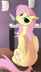 Size: 2160x3840 | Tagged: safe, artist:hevityaus, derpibooru import, fluttershy, pegasus, pony, book, cute, desk, ear fluff, female, floppy ears, fluffy, high res, lidded eyes, looking at you, looking back, looking back at you, mare, paper, patreon, patreon logo, quill, shoulder fluff, shyabetes, sitting, solo, table, wing fluff, wings