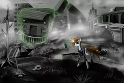 Size: 3000x2000 | Tagged: safe, artist:hereticofdune, derpibooru import, oc, oc:littlepip, unofficial characters only, pony, unicorn, fallout equestria, fanfic, bandolier, bone, boxcar, city, cityscape, clothes, cloud, cloudy, cutie mark, fanfic art, female, glowing horn, gun, high res, hooves, horn, levitation, looking at you, magic, mare, monochrome, neo noir, partial color, pipbuck, ruins, shotgun, solo, sparkle cola, telekinesis, train, train yard, vault suit, wasteland, weapon