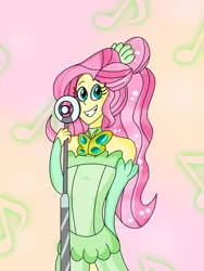 Size: 1944x2592 | Tagged: safe, artist:ajustice90, derpibooru import, fluttershy, equestria girls, equestria girls series, so much more to me, alternate hairstyle, clothes, dress, microphone, singing, solo
