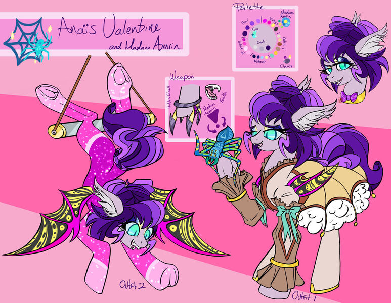 Size: 1280x994 | Tagged: safe, artist:twoshoesmcgee, derpibooru import, oc, oc:anais valentine, bat pony, pony, spider, clothes, female, leotard, mare, reference sheet, solo, steampunk