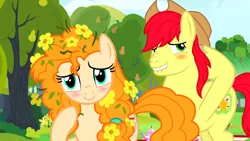 Size: 1600x900 | Tagged: safe, derpibooru import, screencap, bright mac, pear butter, pony, the perfect pear, blushing, brightbutter, buttercup, cowboy hat, female, flower, flower in hair, hat, male, messy mane, shipping, straight