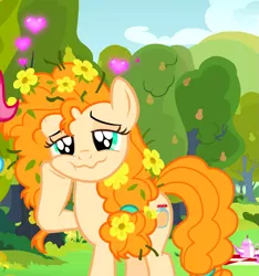 Size: 839x895 | Tagged: safe, derpibooru import, screencap, pear butter, pony, the perfect pear, big eyes, cheek fluff, flower, flower in hair, heart, in love, messy mane, sparkling eyes, squishy cheeks