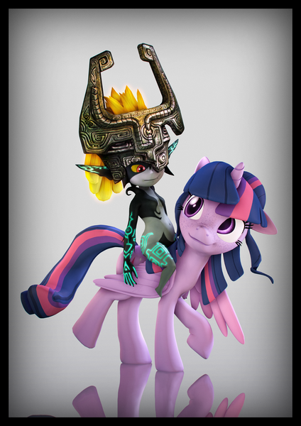 Size: 3500x4950 | Tagged: safe, artist:buttercupsaiyan, artist:imafutureguitarhero, derpibooru import, sci-twi, twilight sparkle, twilight sparkle (alicorn), alicorn, imp, pony, 3d, absurd resolution, adaptation, alternate hairstyle, alternate manestyle, border, chromatic aberration, colored sclera, crossover, duo, fangs, female, film grain, floppy ears, freckles, glow, horn, image, legend of zelda: twilight princess, looking at each other, mare, midna, midna sparkle, multicolored hair, nose wrinkle, png, pun, raised hoof, recursive fanart, reflection, riding, scitwilicorn, signature, smiling, source filmmaker, the legend of zelda, the legend of zelda: twilight princess, visual pun, walking, windswept mane, windswept tail, wings