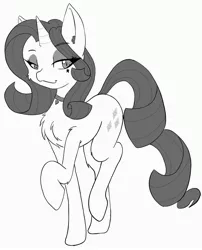 Size: 2696x3344 | Tagged: safe, artist:steelsoul, derpibooru import, rarity, pony, cheek fluff, chest fluff, collar, leg fluff, looking at you, monochrome, raised hoof, simple background, solo