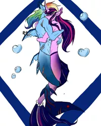 Size: 800x1000 | Tagged: safe, artist:captainloafnugget, derpibooru import, rainbow dash, twilight sparkle, anthro, mermaid, merpony, shark, eyes closed, female, fins, heart, hug, lesbian, mermaid lovers, mermaidized, shipping, simple background, species swap, twidash, water