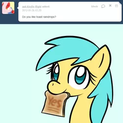 Size: 750x750 | Tagged: safe, artist:datahmedz, derpibooru import, sunshower raindrops, pony, raindropsanswers, ask, bread, food, mouth hold, solo, toast, tumblr