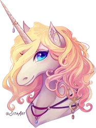 Size: 1912x2553 | Tagged: safe, artist:sitaart, derpibooru import, oc, oc:blue haze, unofficial characters only, pony, unicorn, ponyfinder, bard, blonde, blonde hair, blonde mane, blue eyes, bust, dungeons and dragons, fantasy class, female, horn, jewelry, mare, pathfinder, pen and paper rpg, portrait, rpg, shoulderless, signature, simple background, transparent background