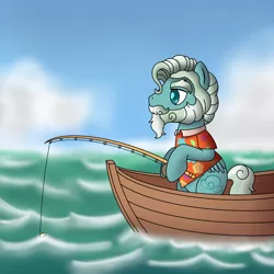 Size: 1000x1000 | Tagged: safe, artist:cappie, derpibooru import, oc, oc:glorious gale, unofficial characters only, pony, beard, boat, clothes, facial hair, fishing, fishing rod, hawaiian shirt, ocean, shirt, solo