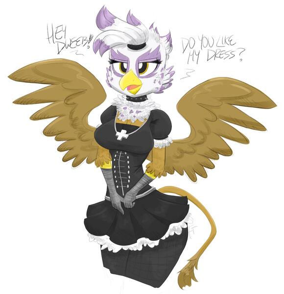 Size: 1200x1242 | Tagged: suggestive, artist:flutterthrash, derpibooru import, gilda, anthro, gryphon, breasts, clothes, dialogue, female, gloves, image, jpeg, maid, maid headdress, simple background, solo, solo female, spread wings, white background, wings