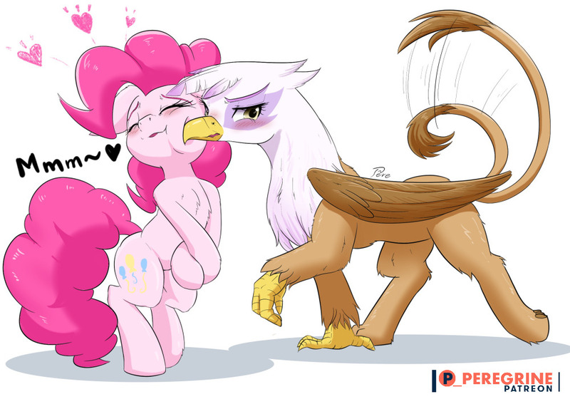 Size: 1000x700 | Tagged: safe, artist:phoenixperegrine, derpibooru import, gilda, pinkie pie, earth pony, gryphon, pony, bipedal, blushing, cheek squish, eyes closed, female, floating heart, gildapie, gildere, heart, lesbian, mare, moaning, patreon, patreon logo, raised leg, shipping, squishy cheeks, tail wag, tsundere