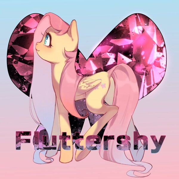 Size: 1024x1024 | Tagged: safe, artist:xieyanbbb, derpibooru import, fluttershy, pegasus, pony, bowtie, female, gradient background, mare, solo, text