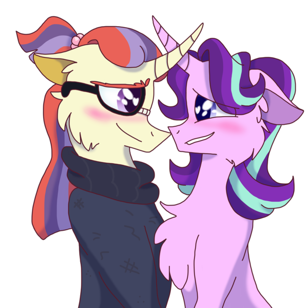 Size: 894x894 | Tagged: safe, artist:lolwise, derpibooru import, moondancer, starlight glimmer, pony, unicorn, blushing, chest fluff, crack shipping, female, floppy ears, glasses, glimmerdancer, horn, horns are touching, lesbian, looking at each other, mare, shipping, simple background, smiling, transparent background