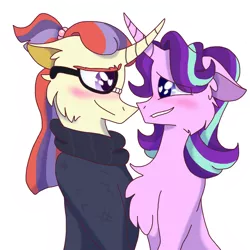 Size: 894x894 | Tagged: safe, artist:lolwise, derpibooru import, moondancer, starlight glimmer, pony, unicorn, blushing, chest fluff, crack shipping, female, floppy ears, glasses, glimmerdancer, horn, horns are touching, lesbian, looking at each other, mare, shipping, simple background, smiling, transparent background