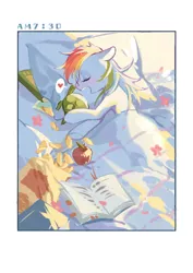 Size: 724x1024 | Tagged: safe, artist:xieyanbbb, derpibooru import, rainbow dash, tank, pegasus, pony, tortoise, apple, bed, bedroom, bedsheets, book, chips, female, food, heart, mare, morning, sleeping, solo focus, speech bubble, time, timestamp