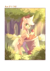 Size: 724x1024 | Tagged: safe, artist:xieyanbbb, derpibooru import, applejack, earth pony, pony, apple, apple basket, apple orchard, basket, bush, cowboy hat, female, food, forest, grass, hat, hoof hold, mare, morning, orchard, solo, standing, stetson, time, timestamp, tree